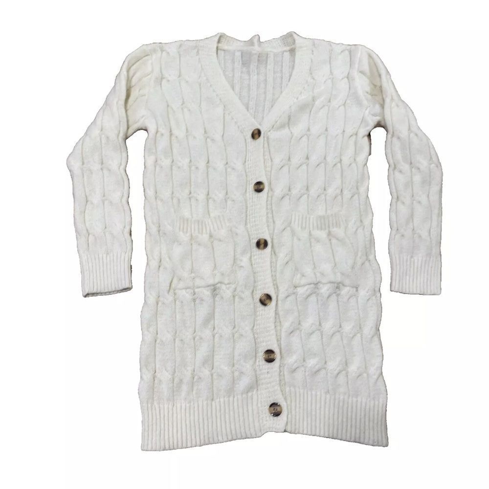 Cable Knit Longline Button Cardigan CREAM Womens L Sweater Dress Coastal Crochet
